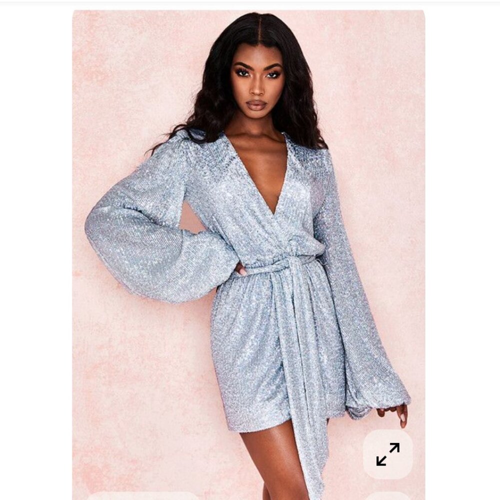 House of CB London Sequin Wrap Mini Dress – Silver, Size Small